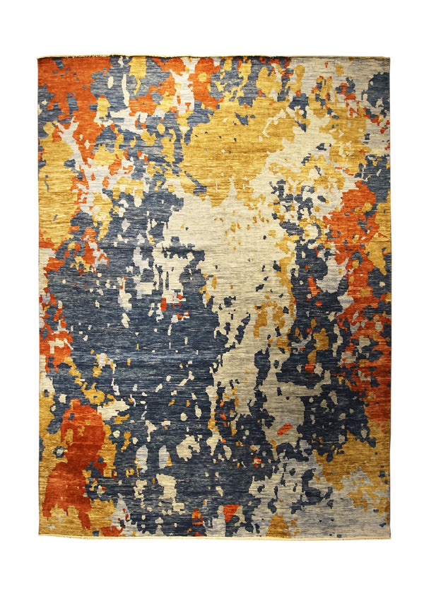 Oriental Rug Indian Handmade Area Modern 8'10"x12'1" (9x12) Multi-color Blue Yellow/Gold Splatter Abstract Design #A31616