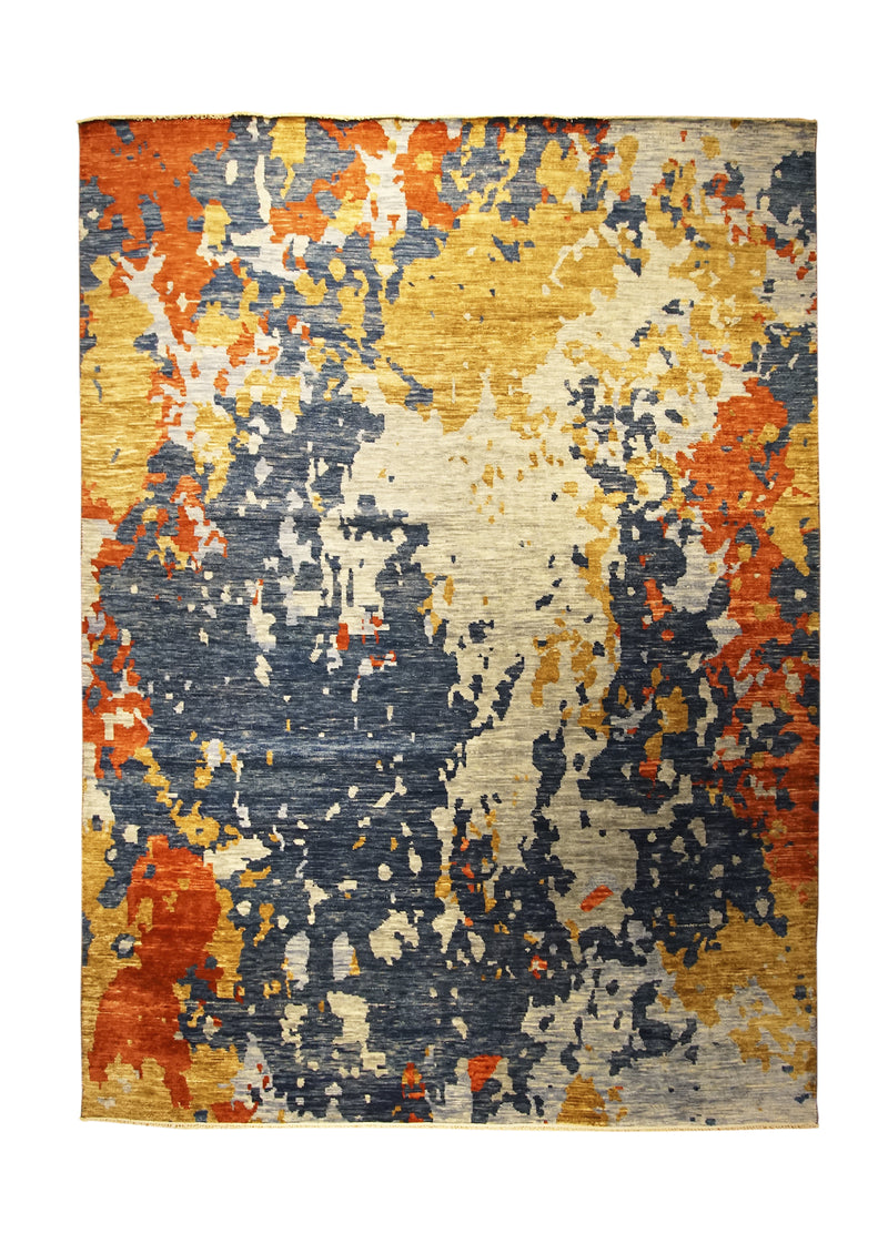 Oriental Rug Indian Handmade Area Modern 8'10"x12'1" (9x12) Multi-color Blue Yellow/Gold Splatter Abstract Design #A31616