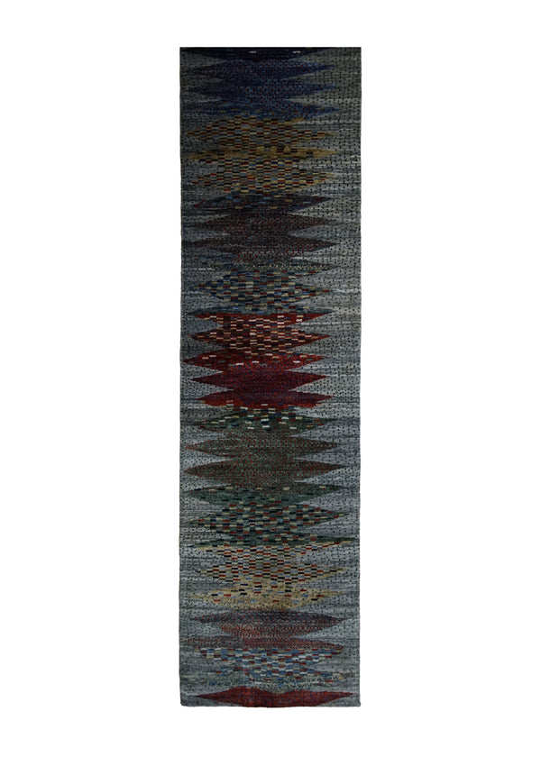 Oriental Rug Pakistani Handmade Runner Transitional Tribal 2'3"x9'5" (2x9) Gray Multi-color Lori Geometric Design #A31634