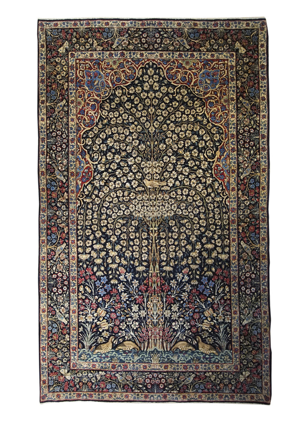 Persian Rug Lavar Kerman Handmade Area Traditional Antique 4'4"x7'6" (4x8) Blue Tree of Life Animals Design #A31725