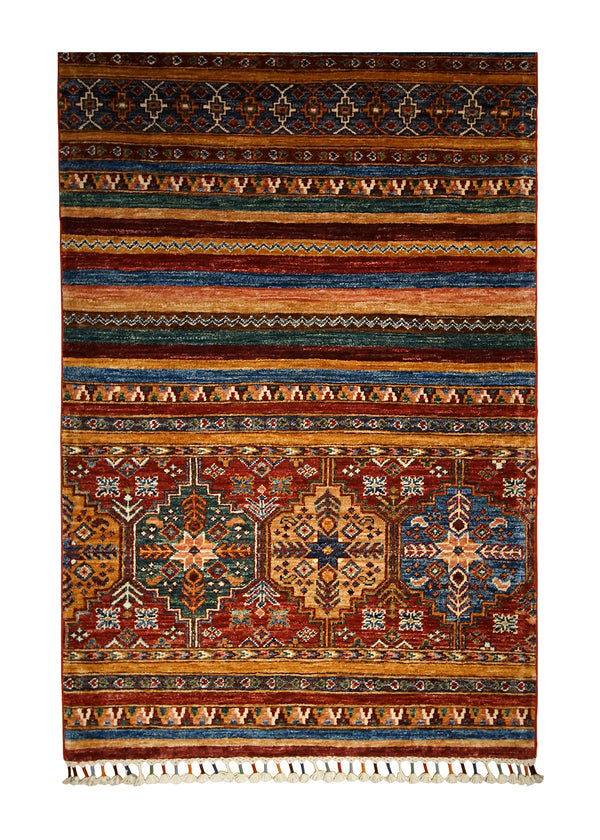 Oriental Rug Pakistani Handmade Runner Transitional 2'11"x7'10" (3x8) Multi-color Red Yellow/Gold Khorjin Geometric Design #A31745