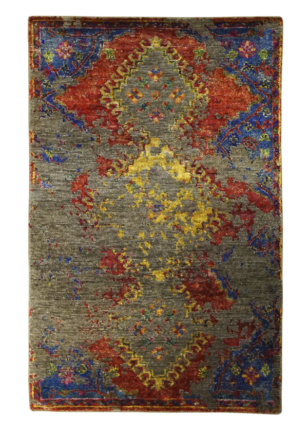 Oriental Rug Indian Handmade Area Transitional Modern 4'0"x6'1" (4x6) Red Brown Multi-color Geometric Erased Abstract Design #A31794