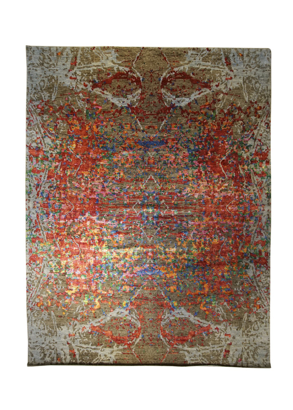 Oriental Rug Indian Handmade Area Modern 8'11"x12'0" (9x12) Orange Multi-color Geometric Erased Abstract Design #A31799