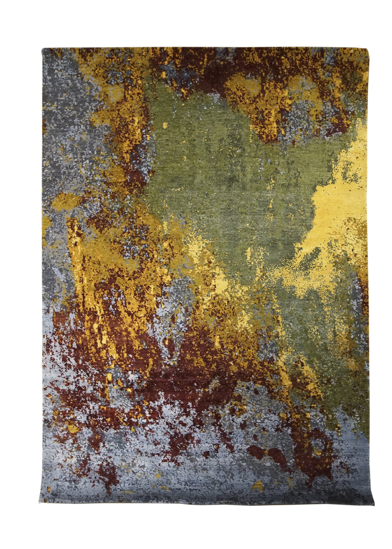 Oriental Rug Indian Handmade Area Transitional Modern 5'0"x7'2" (5x7) Yellow/Gold Green Multi-color Splatter Abstract Design #A31802
