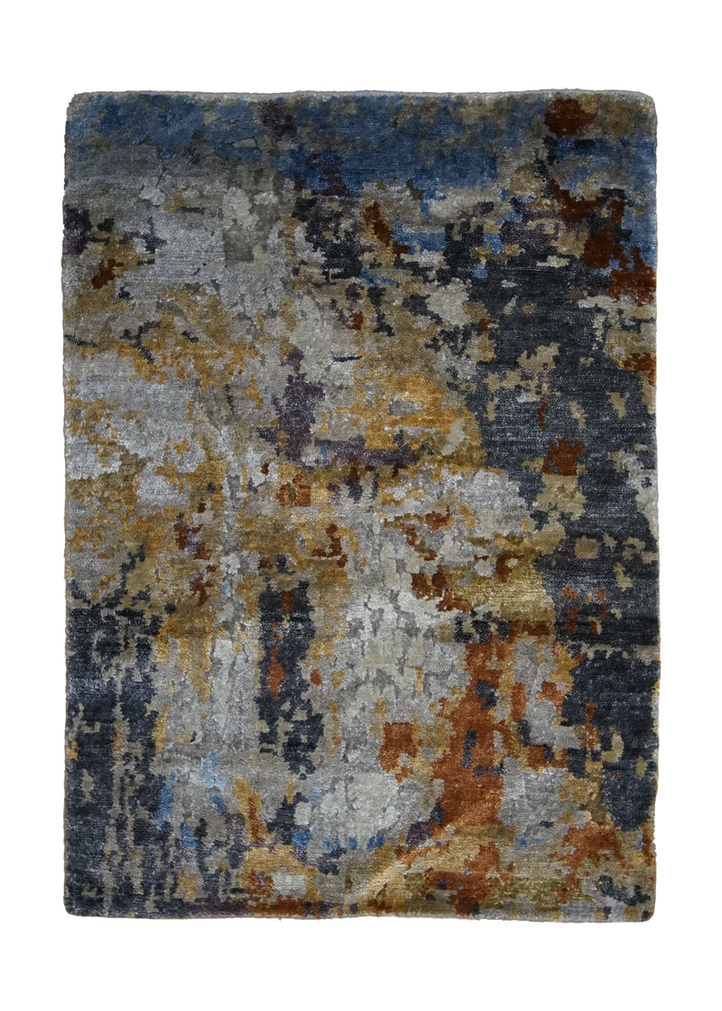 Oriental Rug Indian Handmade Area Modern 2'0"x2'10" (2x3) Blue Yellow/Gold Splatter Abstract Design #A31808