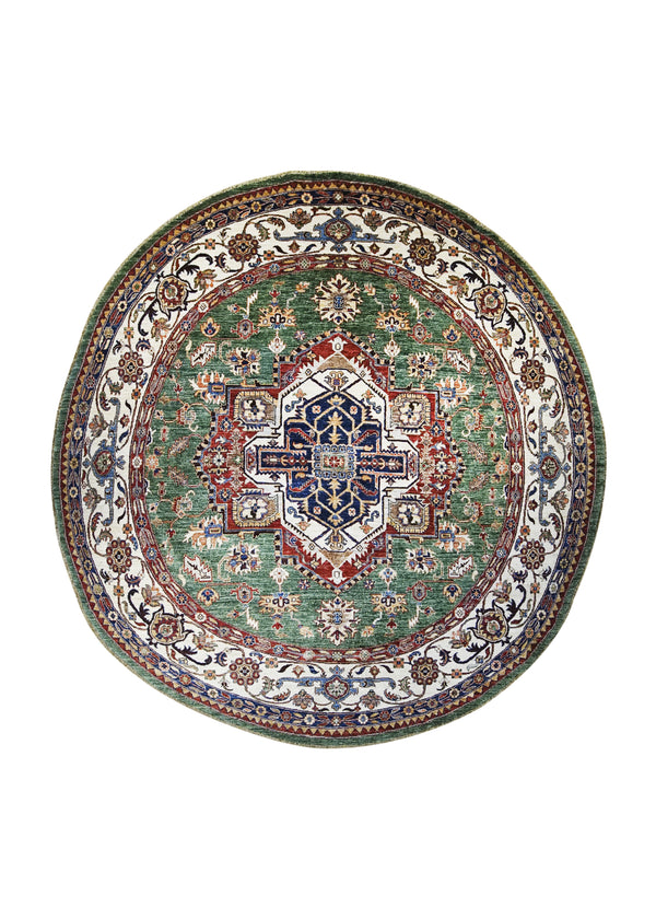 Oriental Rug Pakistani Handmade Round Transitional Tribal 8'0"x8'6" (8x9) Green Red Chobi Geometric Design #A31841