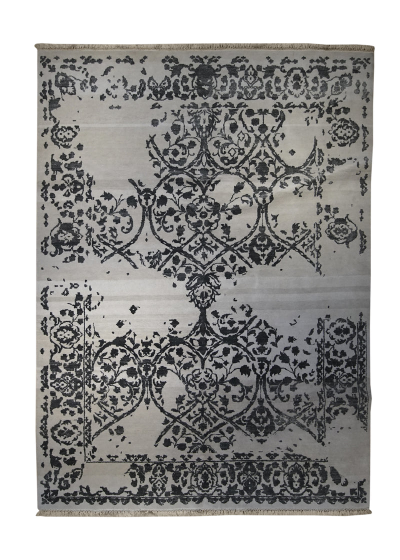Oriental Rug Indian Handmade Area Modern 6'10"x9'5" (7x9) Whites/Beige Gray Abstract Erased Design #A31876