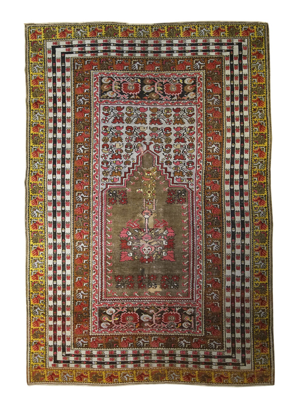 Oriental Rug Turkish Handmade Area Traditional Antique 4'11"x7'3" (5x7) Yellow/Gold Whites/Beige Brown Prayer Rug Design #A31923