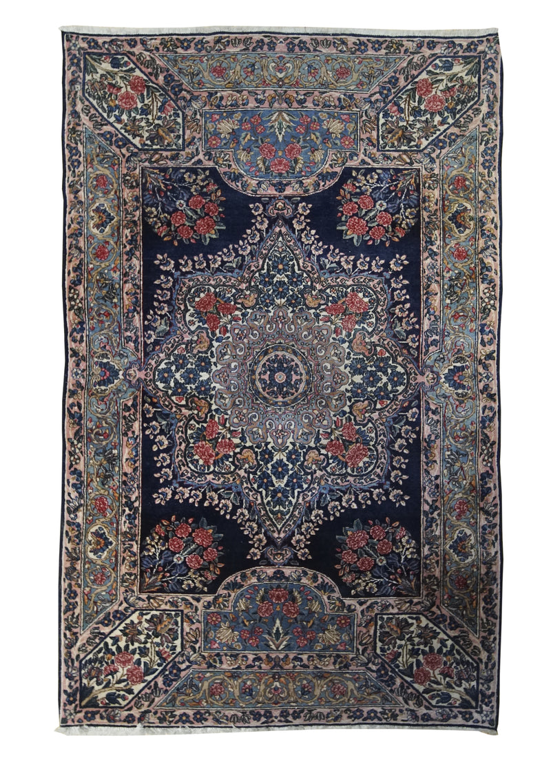 Persian Rug Lavar Kerman Handmade Area Traditional Antique 4'0"x6'3" (4x6) Blue Pink Floral Design #A31973