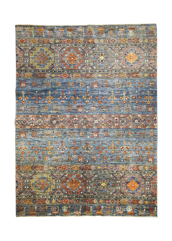 Oriental Rug Pakistani Handmade Area Transitional 5'11"x8'0" (6x8) Blue Multi-color Khorjin Geometric Design #A32039