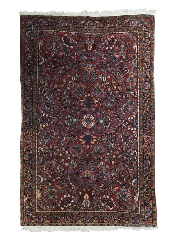 Persian Rug Mohajeran Sarouk Handmade Area Traditional Antique 4'1"x6'4" (4x6) Red Blue Whites/Beige Floral Design #A32067