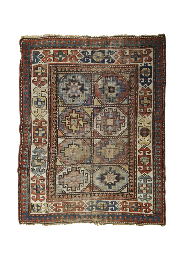 Caucasian Rug Kazak Handmade Area Tribal Antique 3'9"x5'2" (4x5) Whites/Beige Red Moghan Geometric Design #A32084