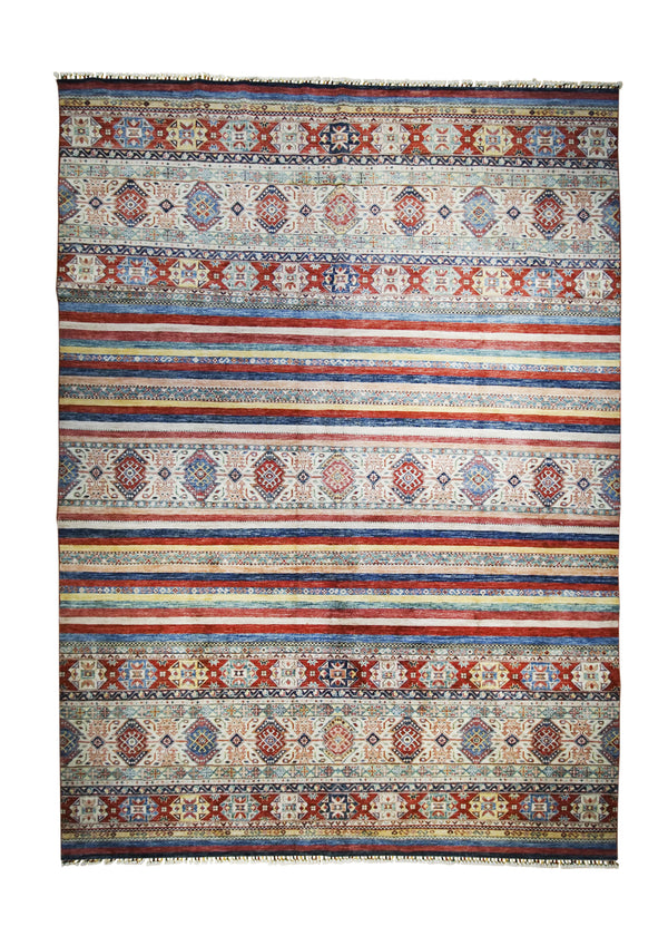 Oriental Rug Pakistani Handmade Area Transitional 8'9"x12'1" (9x12) Multi-color Red Khorjin Geometric Design #A32209