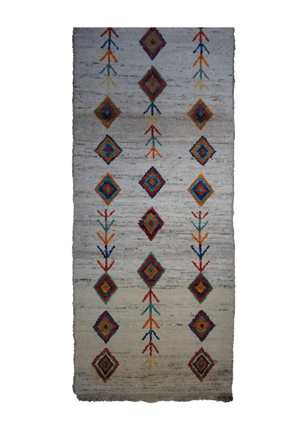 Oriental Rug Pakistani Handmade Runner Transitional 2'10"x8'8" (3x9) Whites/Beige Multi-color Moroccan Tree of Life Geometric Open Design #A32233