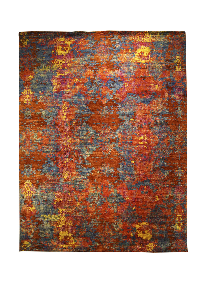 Oriental Rug Indian Handmade Area Modern 9'0"x11'8" (9x12) Orange Red Blue Abstract Splatter Design #A32267