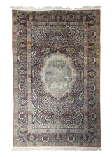 Persian Rug Lavar Kerman Handmade Area Traditional Antique 4'8"x7'4" (5x7) Blue Pink Pictorial Animals Design #A32297