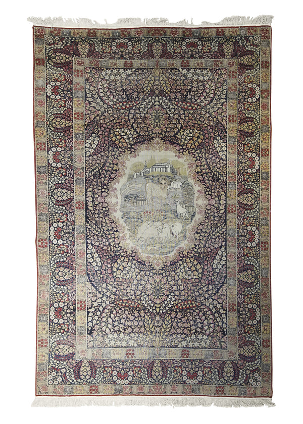 Persian Rug Lavar Kerman Handmade Area Traditional Antique 4'8"x7'4" (5x7) Blue Pink Pictorial Animals Design #A32297