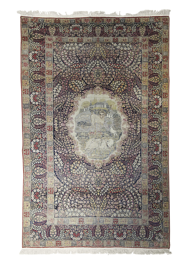Persian Rug Lavar Kerman Handmade Area Traditional Antique 4'8"x7'4" (5x7) Blue Pink Pictorial Animals Design #A32297