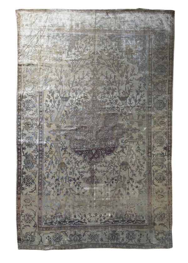 Persian Rug Mohtasham Kashan Handmade Area Traditional Antique 4'2"x6'6" (4x7) Whites/Beige Purple Tree of Life Animals Design #A32298