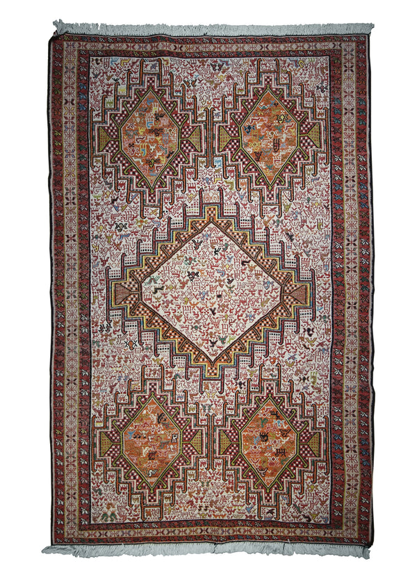 Persian Rug Azerbaijan Handmade Area Tribal 3'11"x6'3" (4x6) Whites/Beige Red Multi-color Kilim Geometric Animals Design #A32338