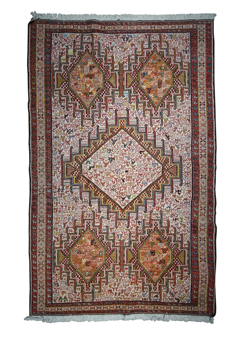 Persian Rug Azerbaijan Handmade Area Tribal 3'11"x6'3" (4x6) Whites/Beige Red Multi-color Kilim Geometric Animals Design #A32338