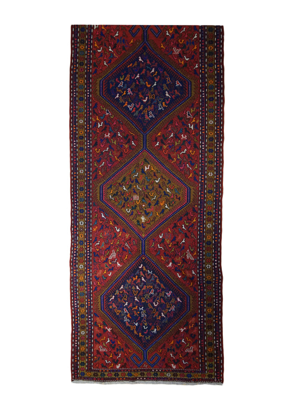 Persian Rug Azerbaijan Handmade Runner Tribal 3'9"x10'1" (4x10) Red Brown Blue Kilim Geometric Animals Design #A32347
