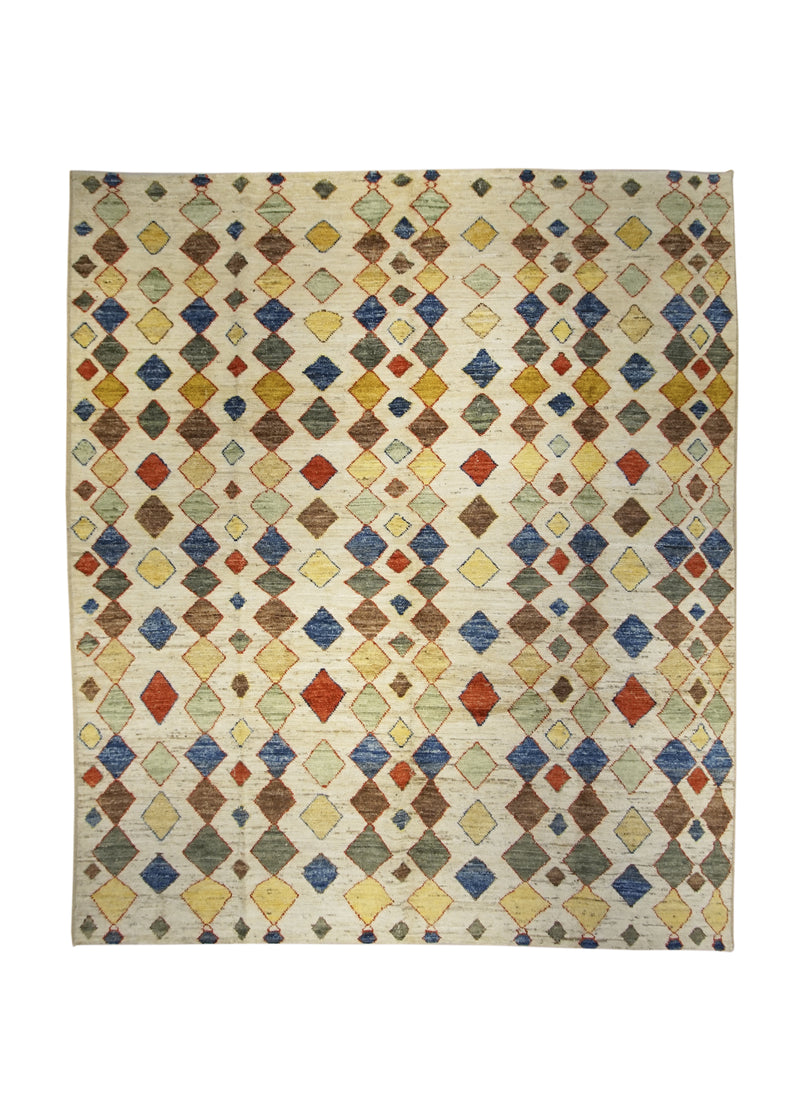 A32440 Oriental Rug Pakistani Handmade Area Transitional 8'3'' x 9'9'' -8x10- Whites Beige Multi-color Moroccan Geometric Design