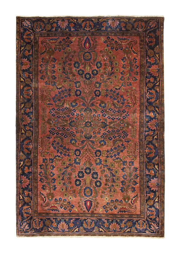Persian Rug Mohajeran Sarouk Handmade Area Traditional Antique 4'1"x6'2" (4x6) Red Blue Floral Design #A32504