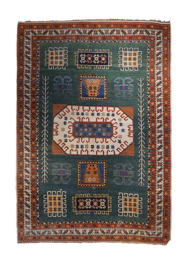 Caucasian Rug Kazak Handmade Area Tribal Vintage 6'10"x10'0" (7x10) Green Geometric Design #A32556