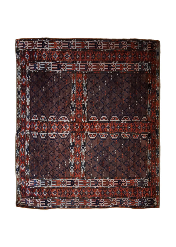 Oriental Rug Turkmen Handmade Area Tribal Antique 4'0"x4'7" (4x5) Brown Red Tekke Geometric Design #A32660