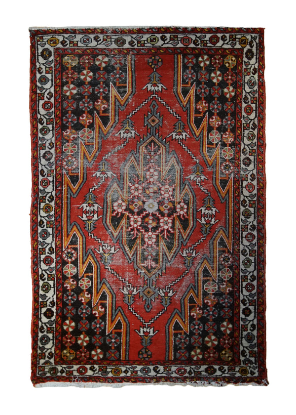 Persian Rug Mazlaghan Handmade Area Tribal Antique 4'1"x6'7" (4x7) Red Geometric Design #A32661
