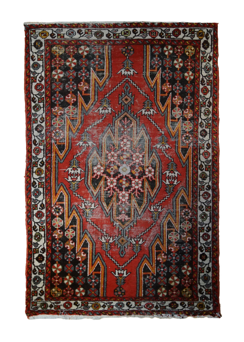 Persian Rug Mazlaghan Handmade Area Tribal Antique 4'1"x6'7" (4x7) Red Geometric Design #A32661