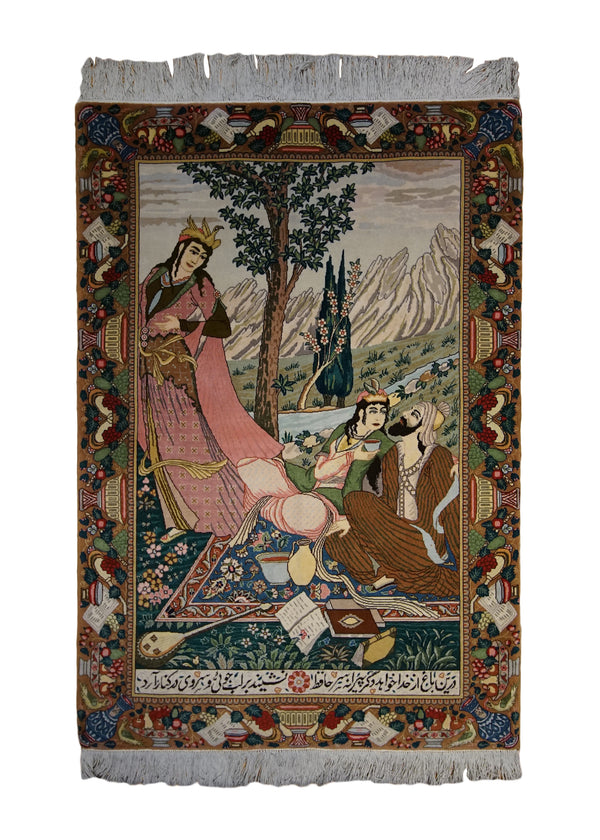 Persian Rug Tabriz Handmade Area Traditional 3'3"x4'9" (3x5) Whites/Beige Brown Green Pictorial Design #A32765