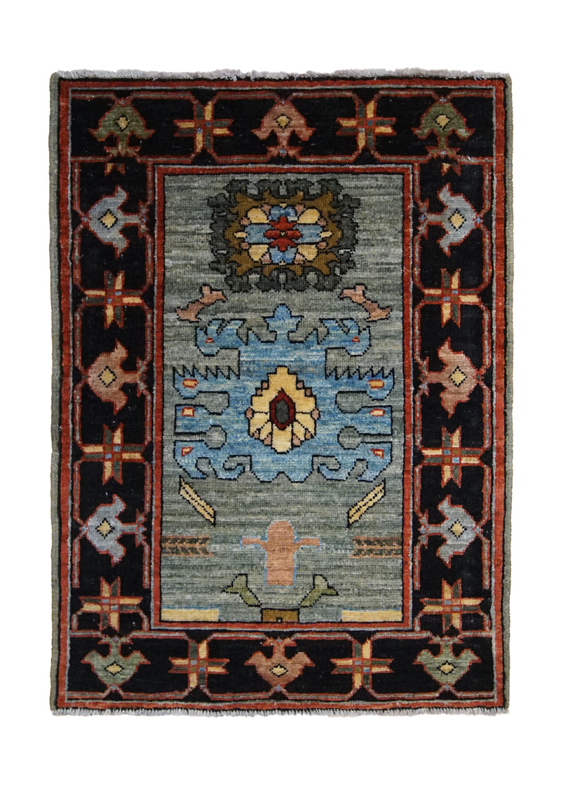 Oriental Rug Pakistani Handmade Area Transitional Tribal 2'4"x3'3" (2x3) Green Black Serapi Geometric Design #A32854
