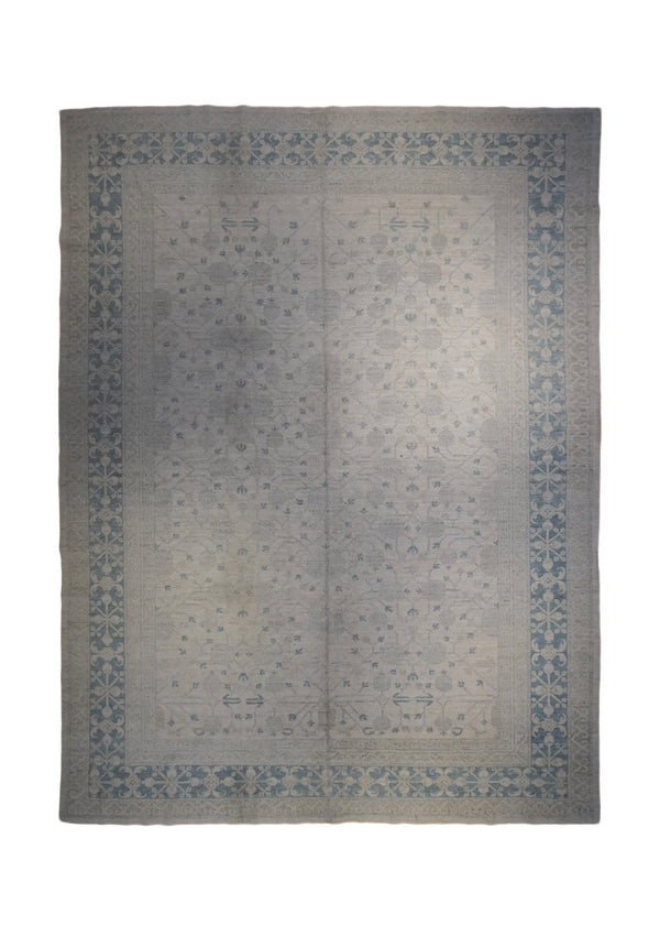 Oriental Rug Pakistani Handmade Area Transitional Neutral 9'1"x11'5" (9x11) Whites/Beige Blue Silver Wash Khotan Geometric Design #A32878