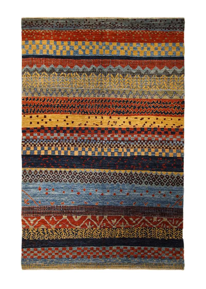 Oriental Rug Pakistani Handmade Area Transitional Tribal 5'11"x9'0" (6x9) Blue Red Yellow/Gold Gabbeh Geometric Design #A32902
