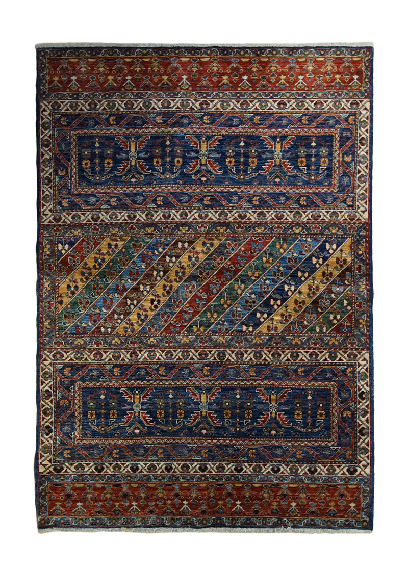 Oriental Rug Pakistani Handmade Area Transitional 4'2"x5'11" (4x6) Blue Red Multi-color Khorjin Geometric Design #A32918