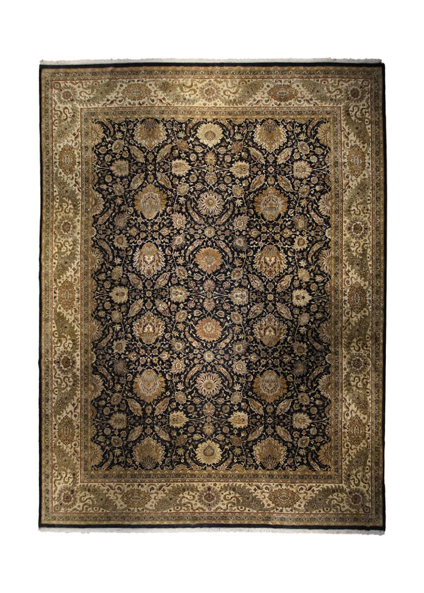 Oriental Rug Indian Handmade Area Transitional 13'11"x18'3" (14x18) Black Yellow/Gold Green Tea Washed Floral Design #A32961