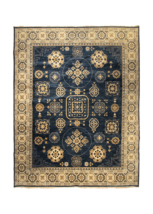 Oriental Rug Indian Handmade Area Transitional 8'1"x10'1" (8x10) Blue Whites/Beige Geometric Khotan Design #A32968
