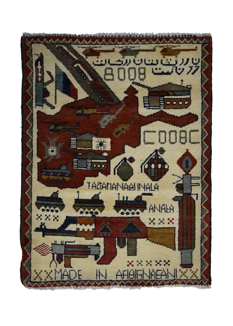 Oriental Rug Afghan Handmade Area Transitional Tribal 2'0"x2'7" (2x3) Whites/Beige Red Pictorial War Design #A32992