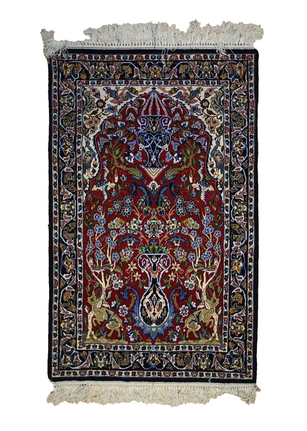 Persian Rug Isfahan Handmade Area Traditional 2'4"x3'7" (2x4) Red Blue Floral Tree of Life Animals Design #A32998