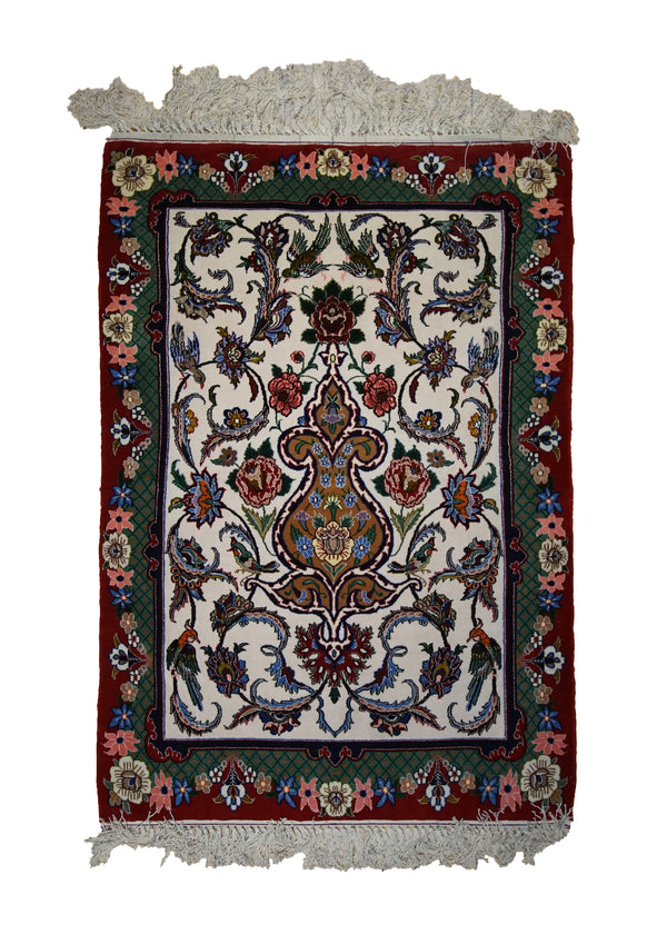 Persian Rug Isfahan Handmade Area Traditional 2'7"x3'9" (3x4) Whites/Beige Red Green Floral Animals Design #A32999