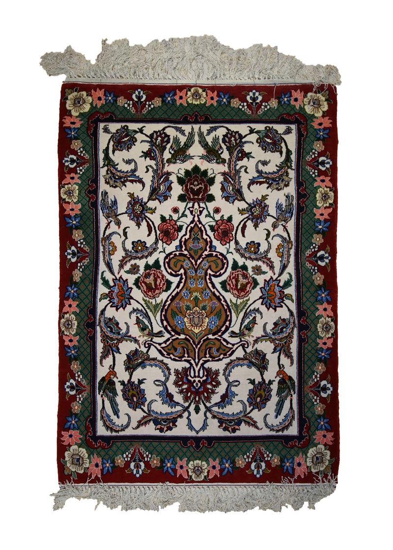 Persian Rug Isfahan Handmade Area Traditional 2'7"x3'9" (3x4) Whites/Beige Red Green Floral Animals Design #A32999