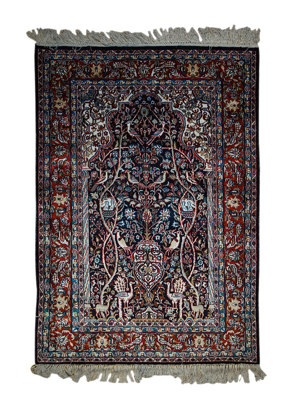 Oriental Rug Kashmiri Handmade Area Traditional 2'7"x3'10" (3x4) Blue Red Tree of Life Animals Design #A33002