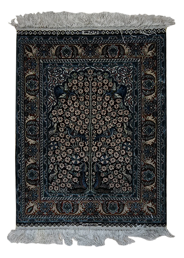 Oriental Rug Turkish Handmade Area Traditional 1'6"x2'0" (2x2) Black Red Blue Tree of Life Design #A33007