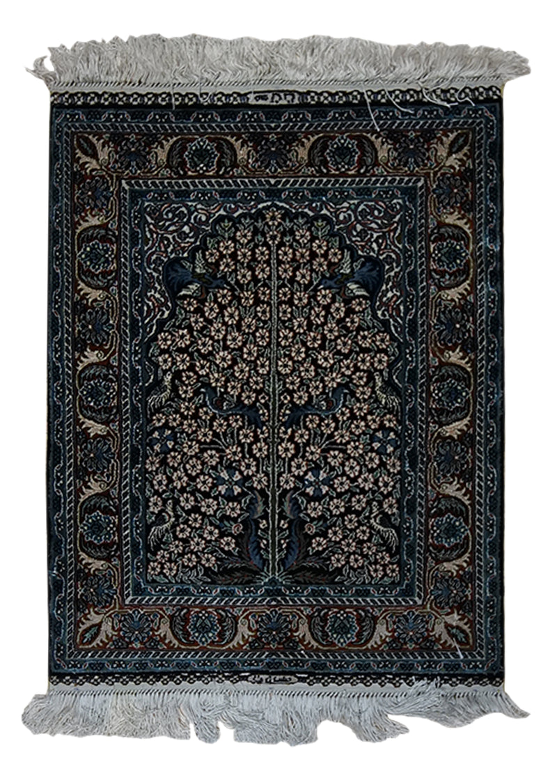 Oriental Rug Turkish Handmade Area Traditional 1'6"x2'0" (2x2) Black Red Blue Tree of Life Design #A33007