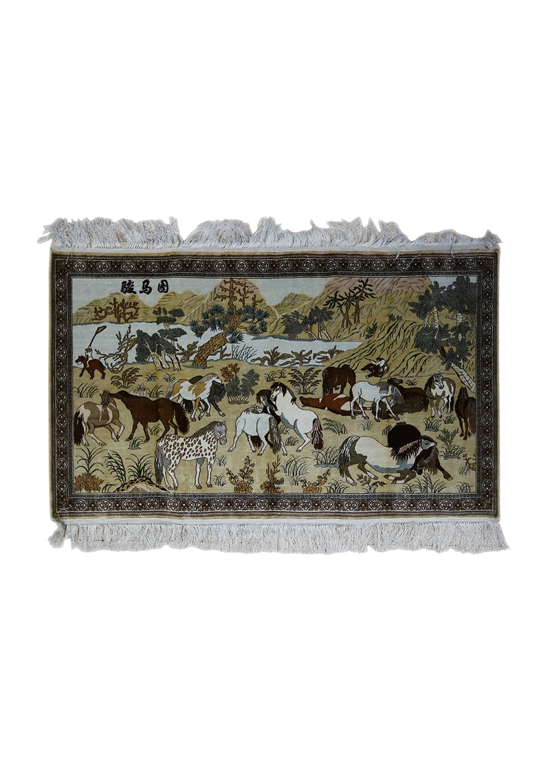 Oriental Rug Chinese Handmade Area Traditional 1'10"x3'0" (2x3) Whites/Beige Red Pictorial Design #A33011