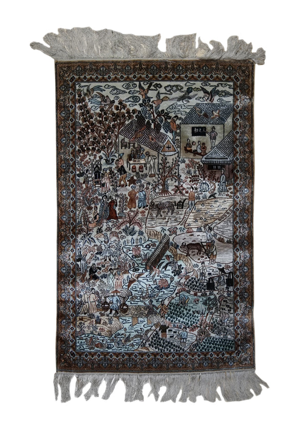 Oriental Rug Chinese Handmade Area Traditional 1'8"x2'5" (2x2) Whites/Beige Red Pictorial Design #A33012