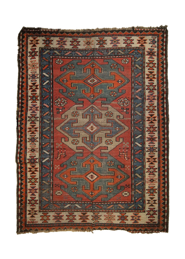 Caucasian Rug Kazak Handmade Area Tribal Antique 3'5"x4'5" (3x4) Red Geometric Design #A33015