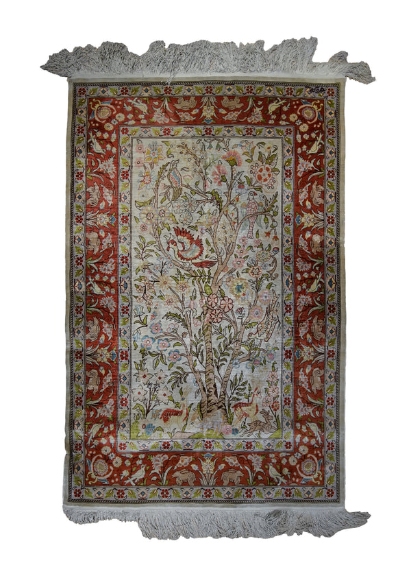 Oriental Rug Turkish Handmade Area Traditional 2'5"x3'11" (2x4) Whites/Beige Red Tree of Life Design #A33016